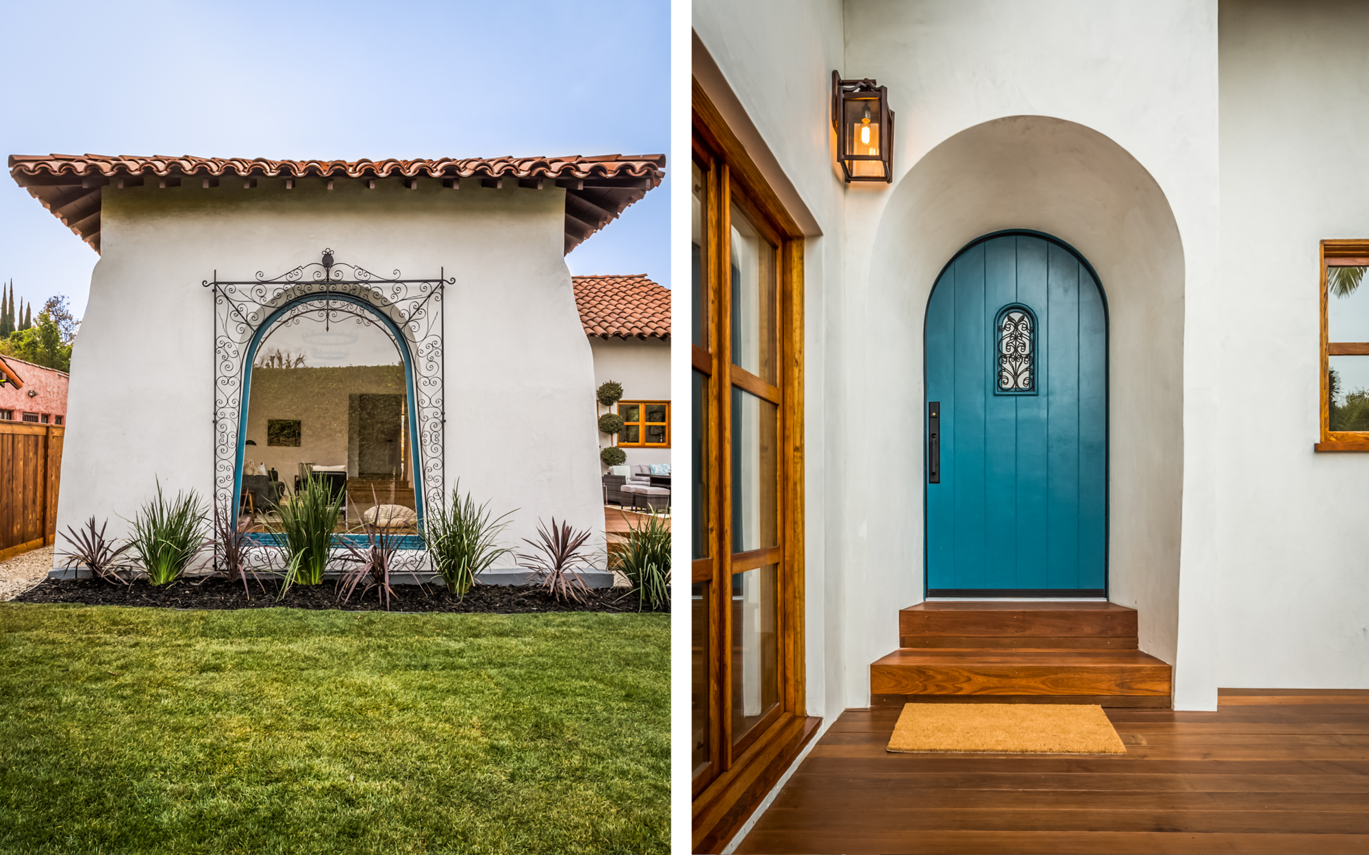 Spanish-inspired exterior details with white stucco, clay roof tile, an arched window with wrought iron, and a teal arched front door with warm wood accents.