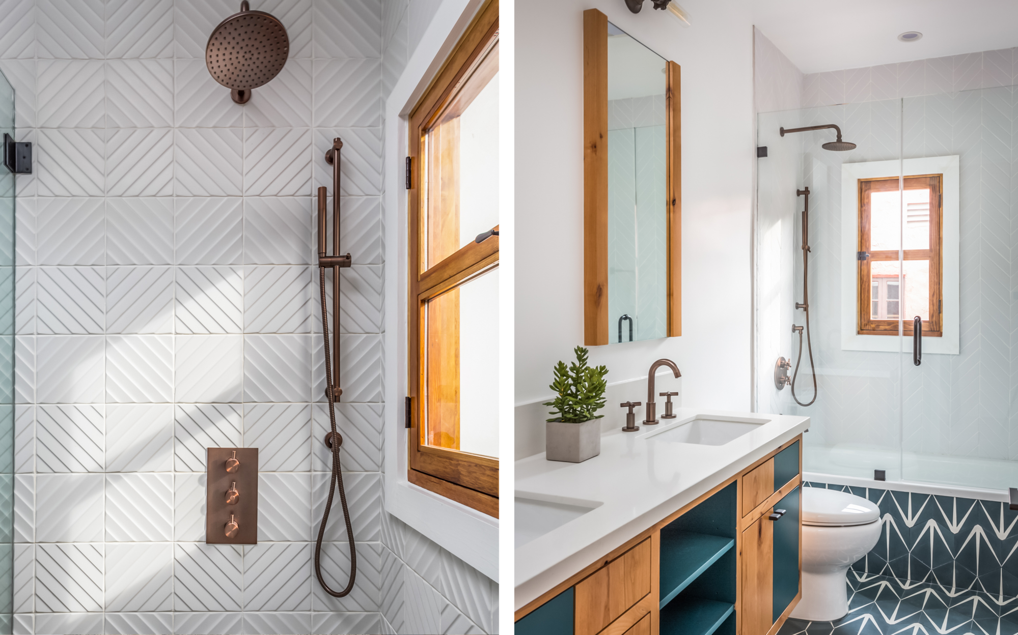 Bright bathroom with warm wood cabinetry, teal accents, geometric floor tile, textured white shower tile, bronze fixtures, and a wood-framed window.